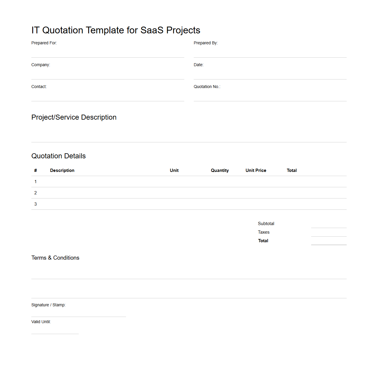 Blank IT Quotation Template for SaaS Projects
