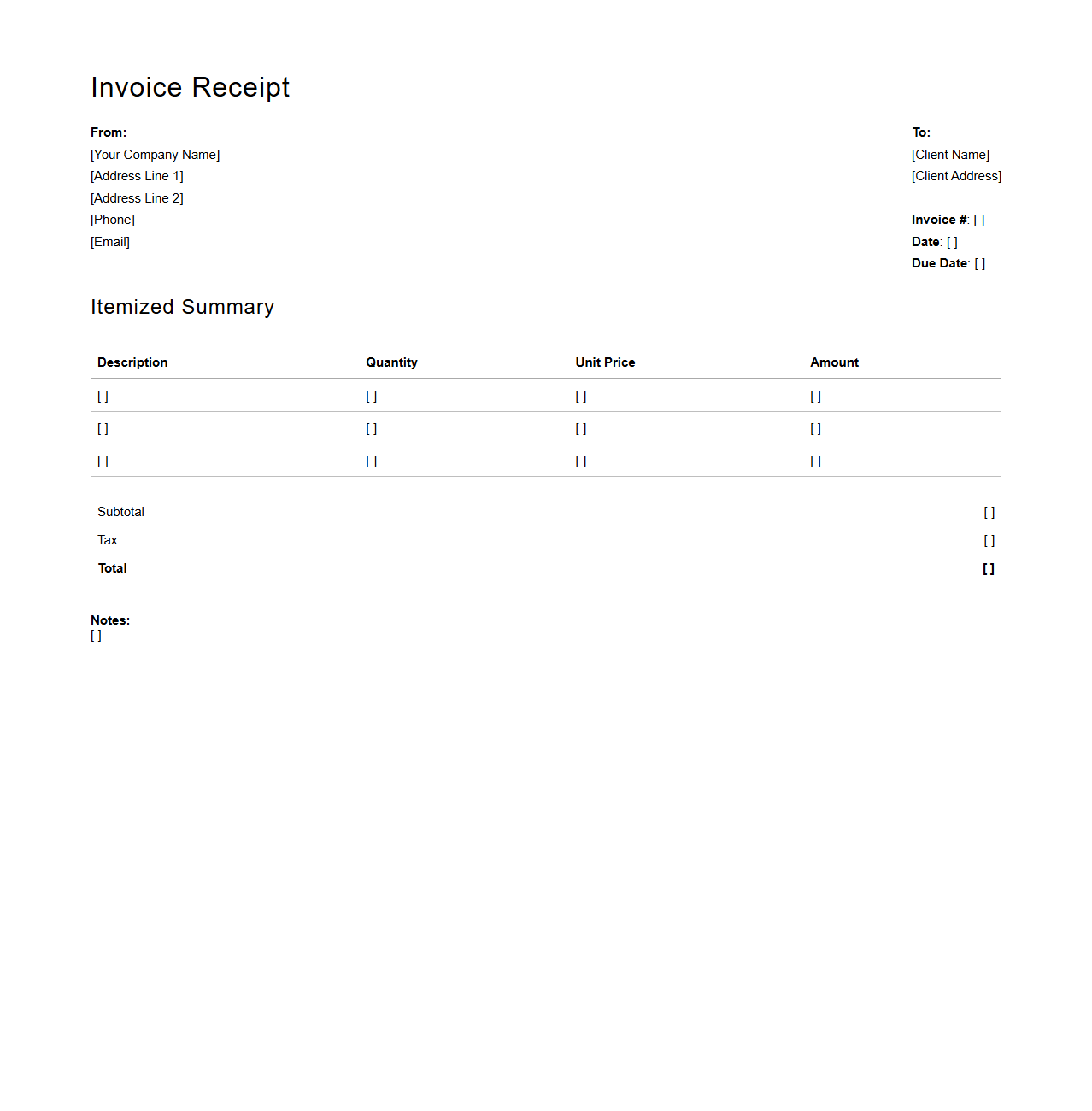 Blank Itemized Invoice Receipt Template