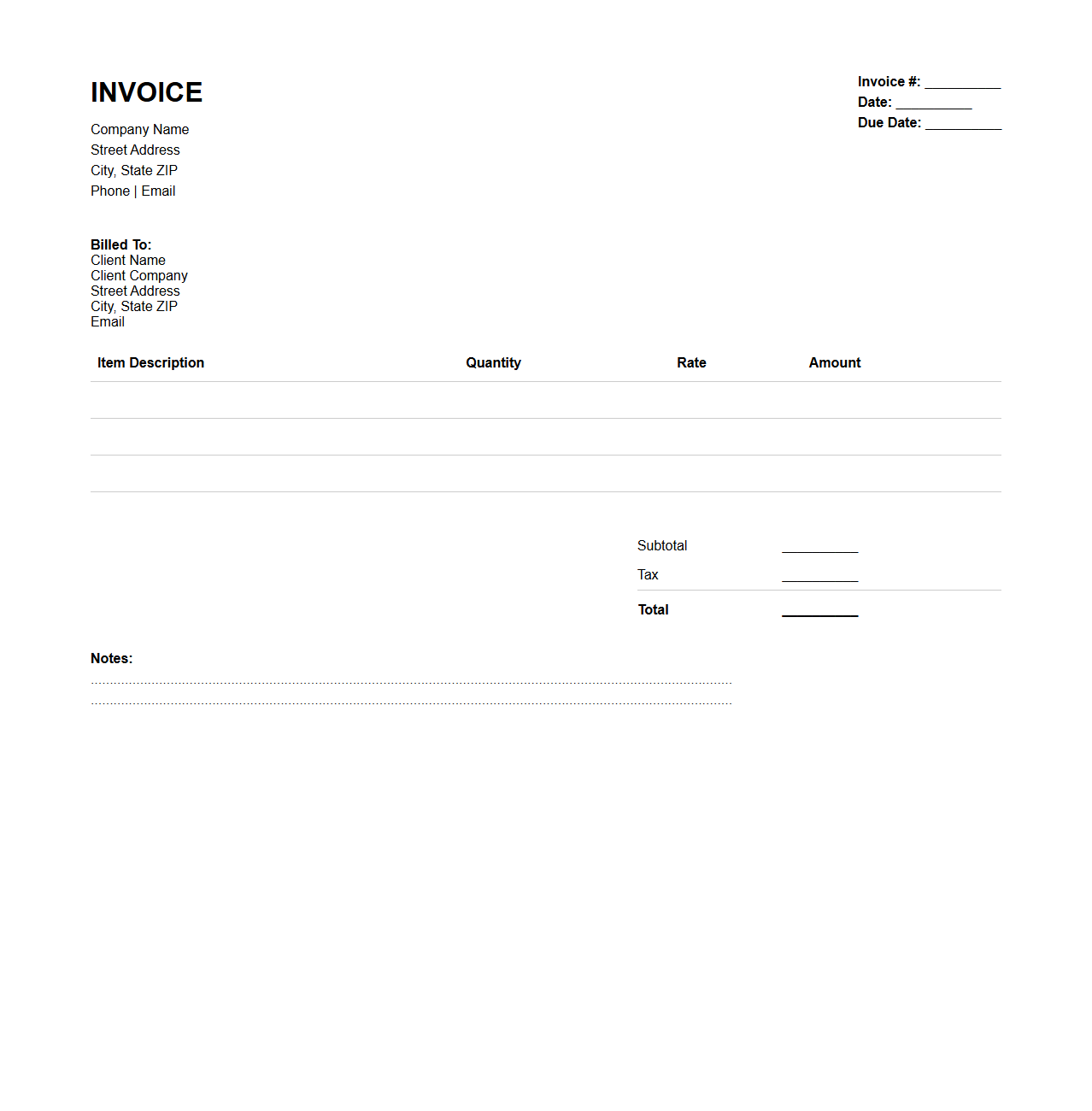 Blank Itemized Product Invoice Template