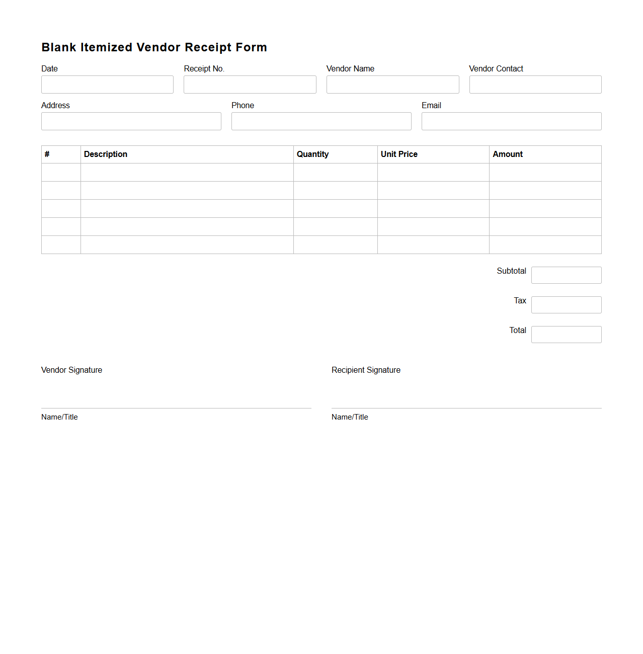 Blank Itemized Vendor Receipt Form