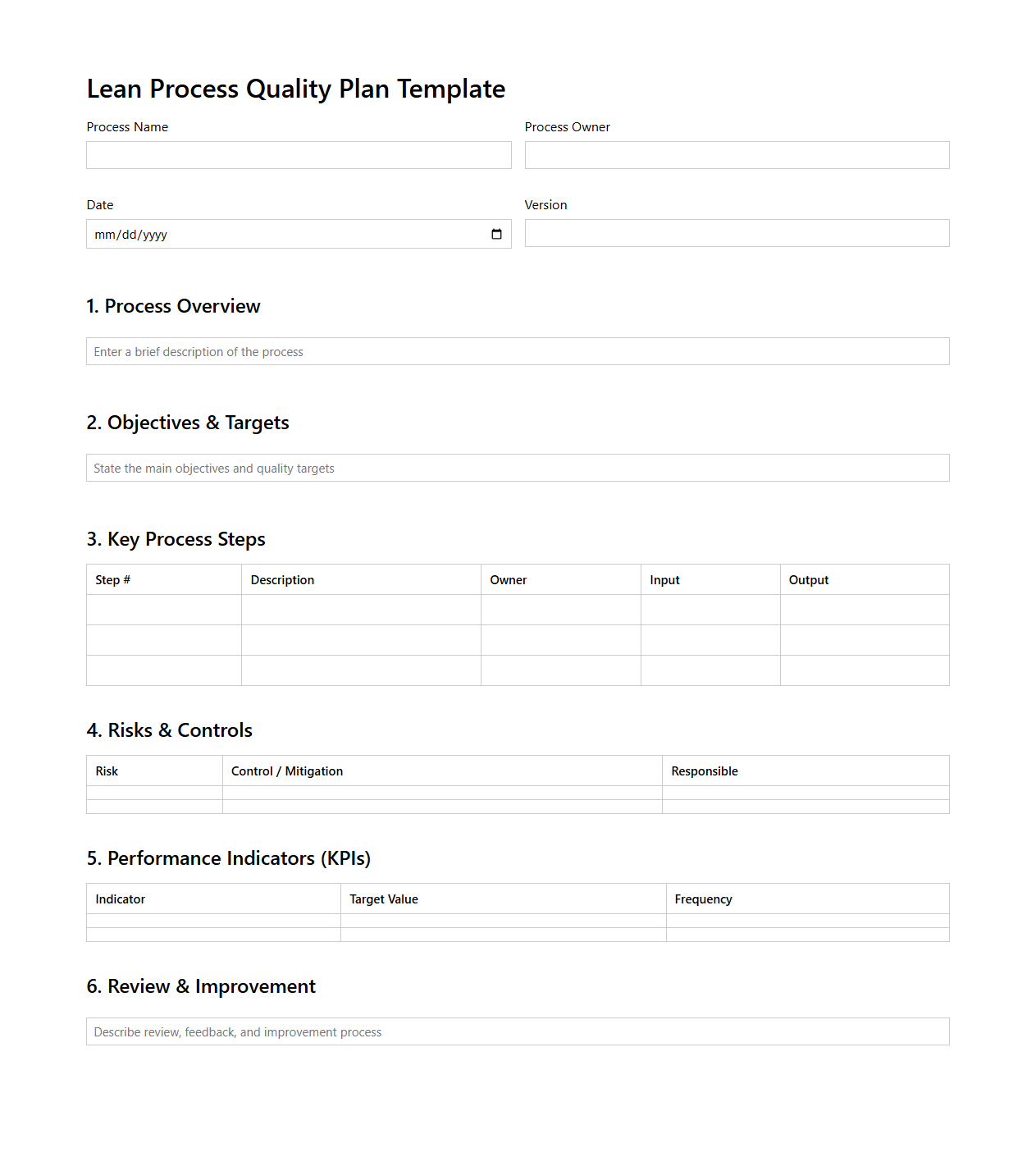 Blank Lean Process Quality Plan Template