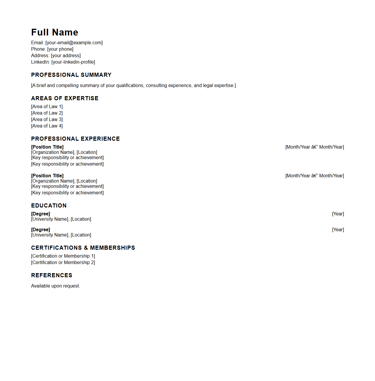 Blank Legal Consultant Resume Template