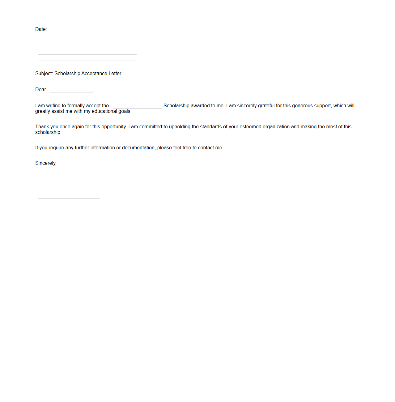 Blank Letter Template for Scholarship Acceptance