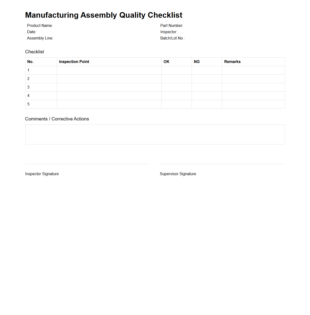 Blank Manufacturing Assembly Quality Checklist