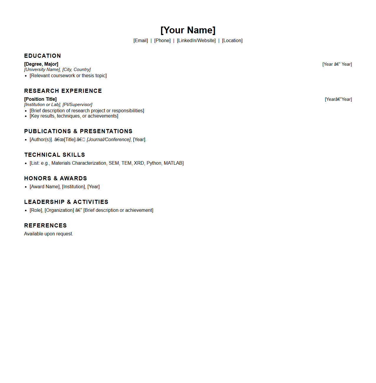 Blank Materials Science Engineering Resume Model for Research Positions