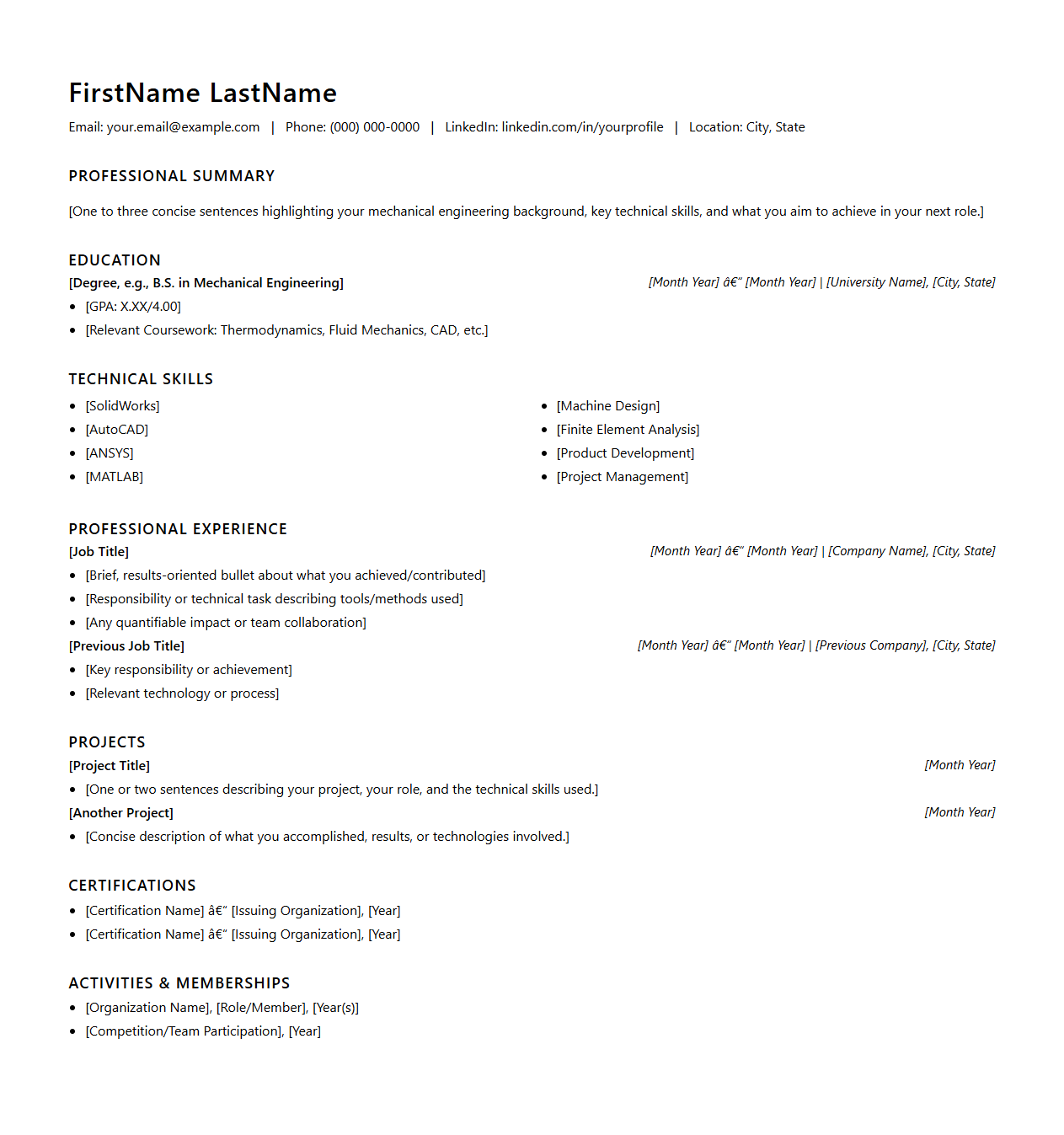 Blank Mechanical Engineering Resume Template for Technical Roles