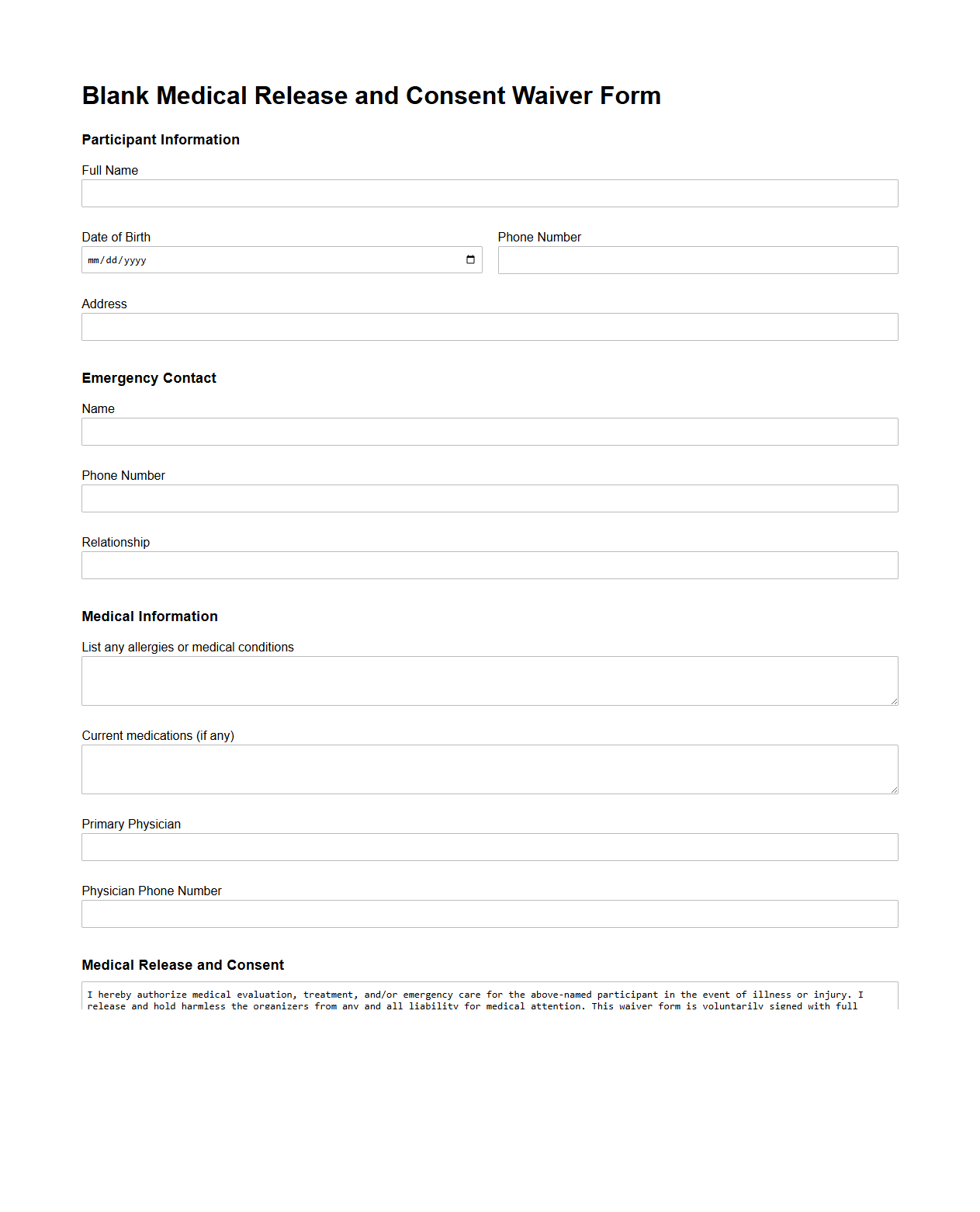 Blank Medical Release and Consent Waiver Form