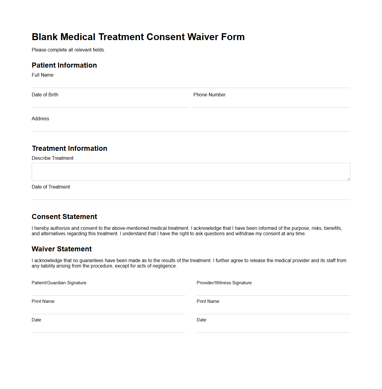 Blank Medical Treatment Consent Waiver Form