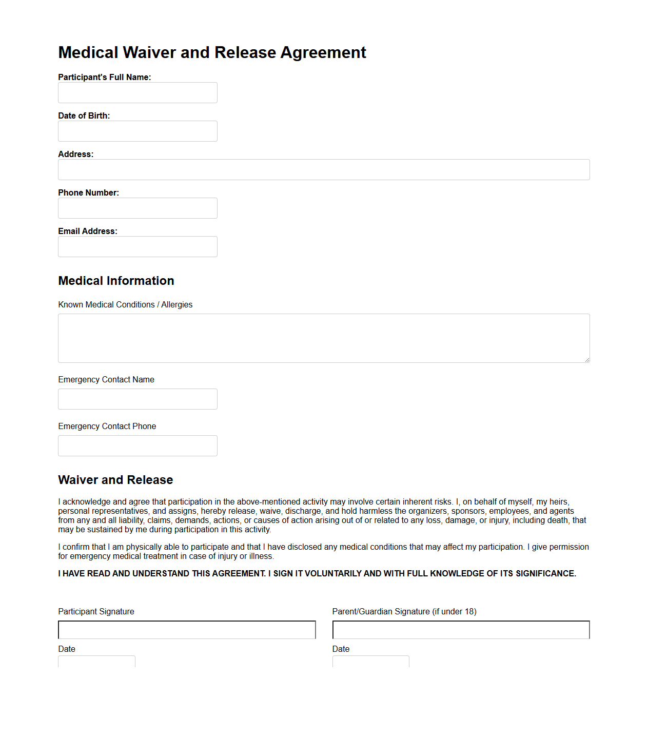 Blank Medical Waiver and Release Agreement