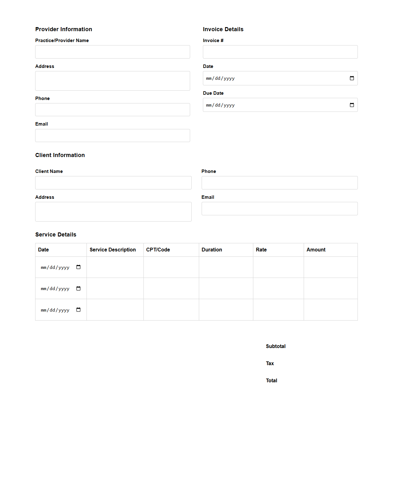 Blank Mental Health Services Invoice Template