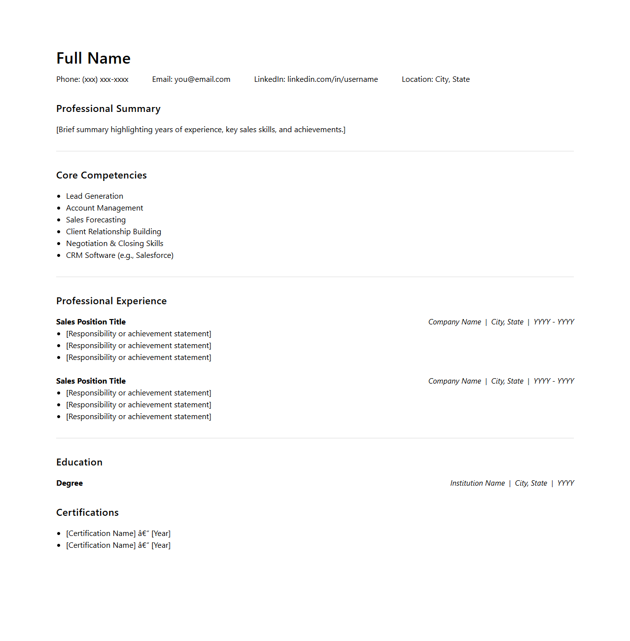 Blank Modern Sales Resume Outline