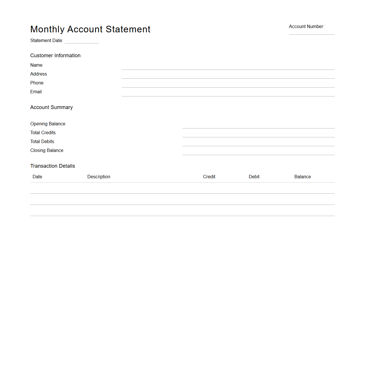 Blank Monthly Account Statement for Customers