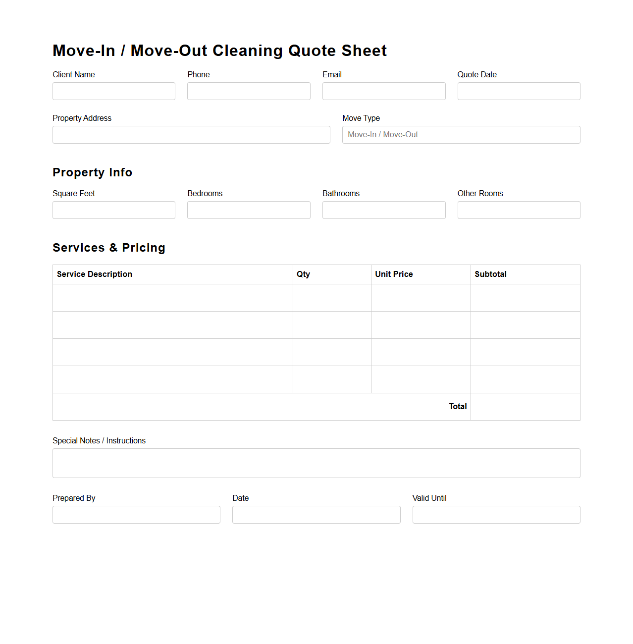 Blank Move-In Move-Out Cleaning Quote Sheet