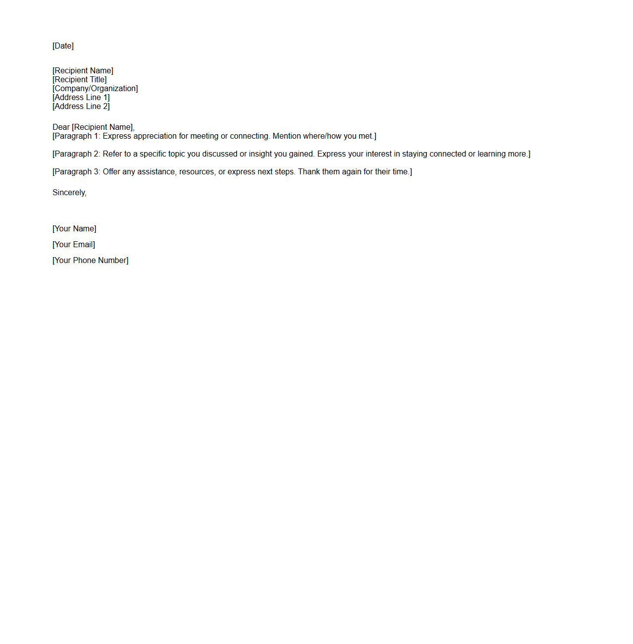 Blank Networking Follow-Up Letter Template