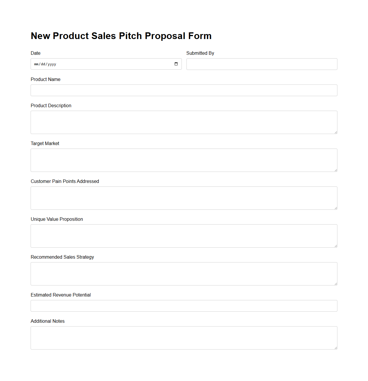 Blank New Product Sales Pitch Proposal Form