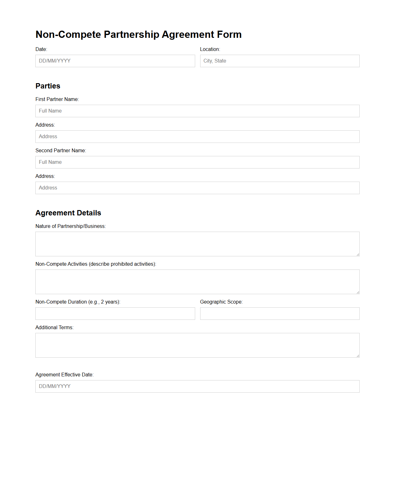 Blank Non-Compete Partnership Agreement Form