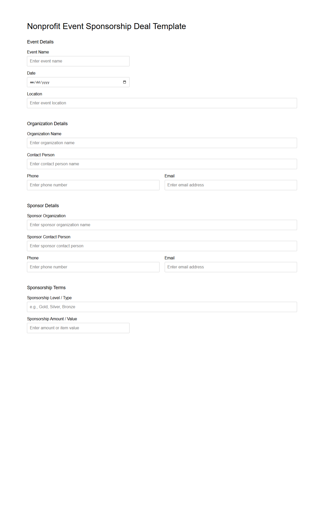 Blank Nonprofit Event Sponsorship Deal Template
