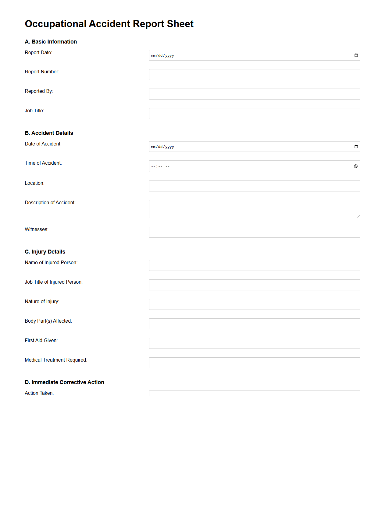 Blank Occupational Accident Report Sheet