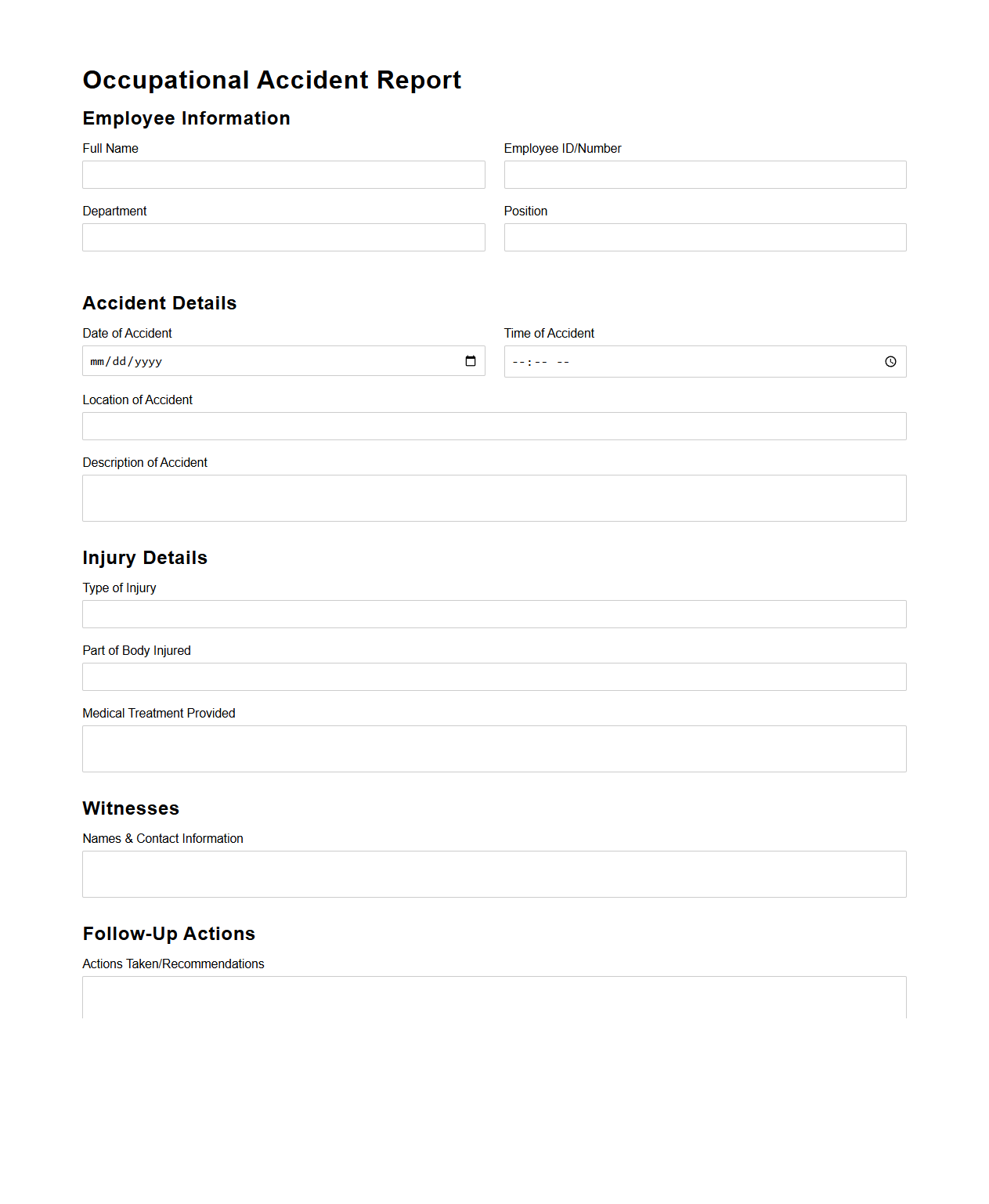 Blank Occupational Accident Report Template