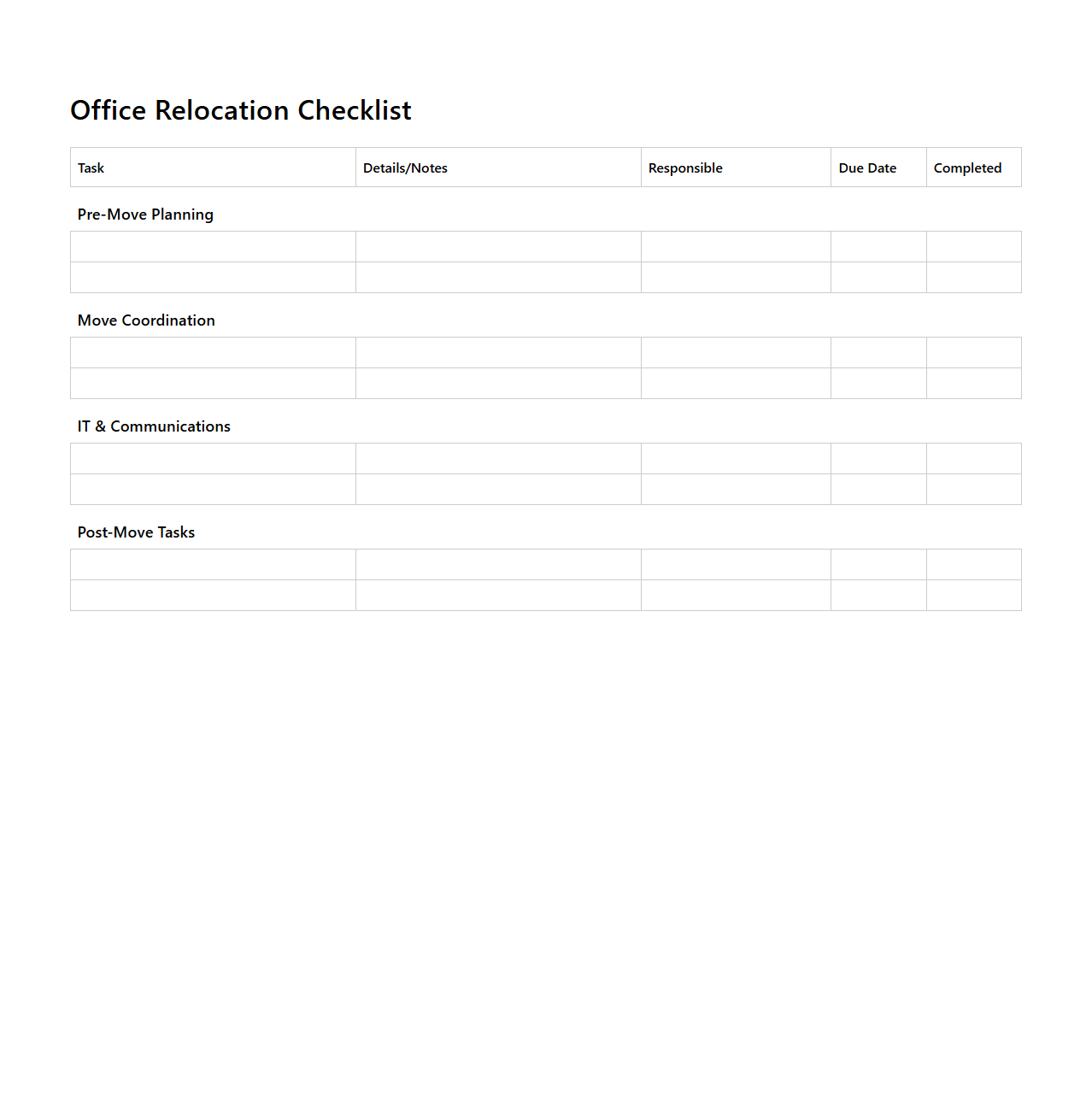 Blank Office Relocation Checklist Template
