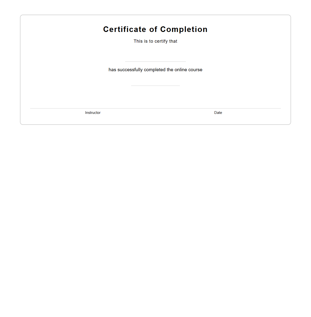 Blank Online Course Completion Certificate