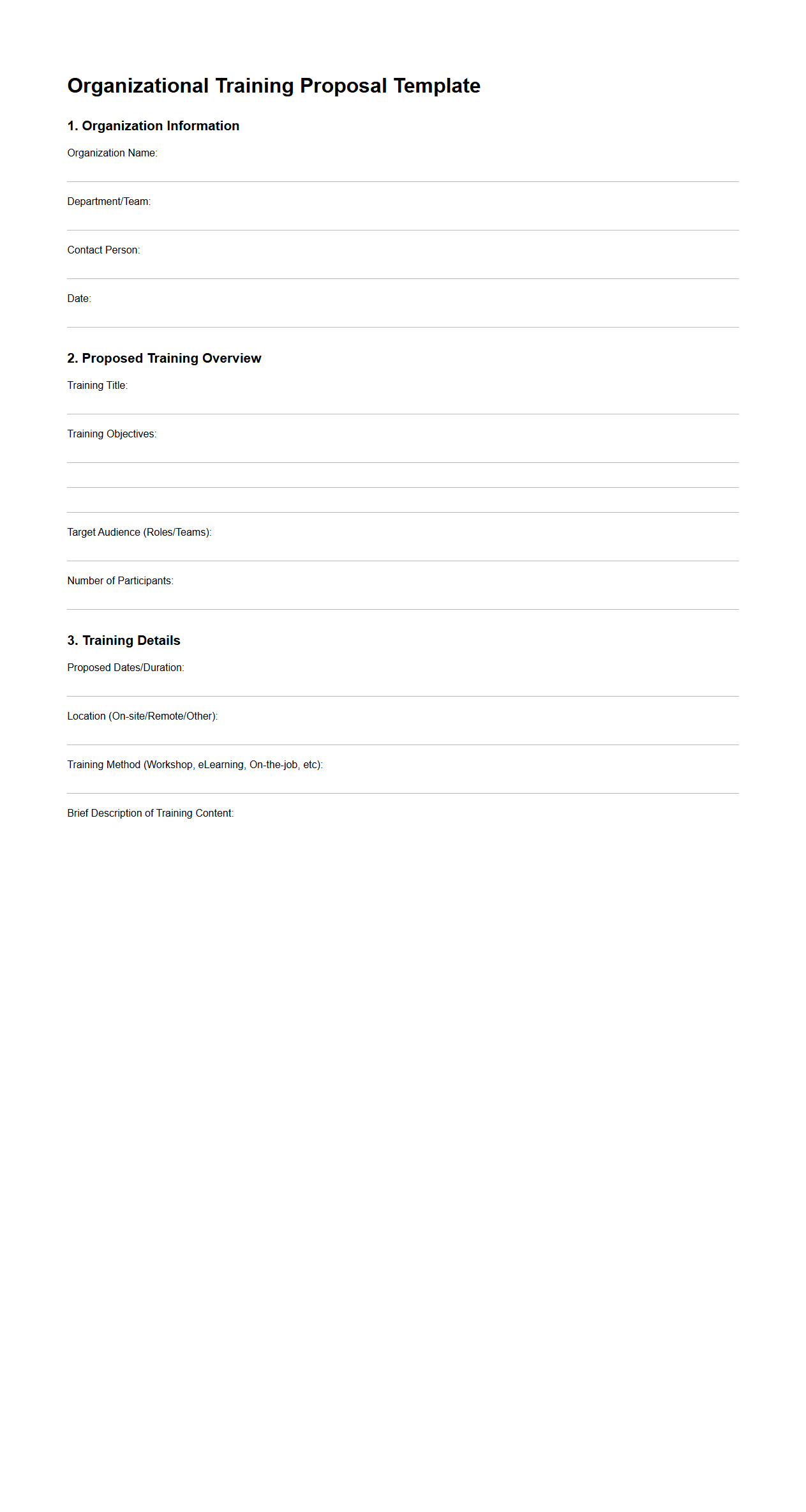 Blank Organizational Training Proposal Template for Employee Upskilling