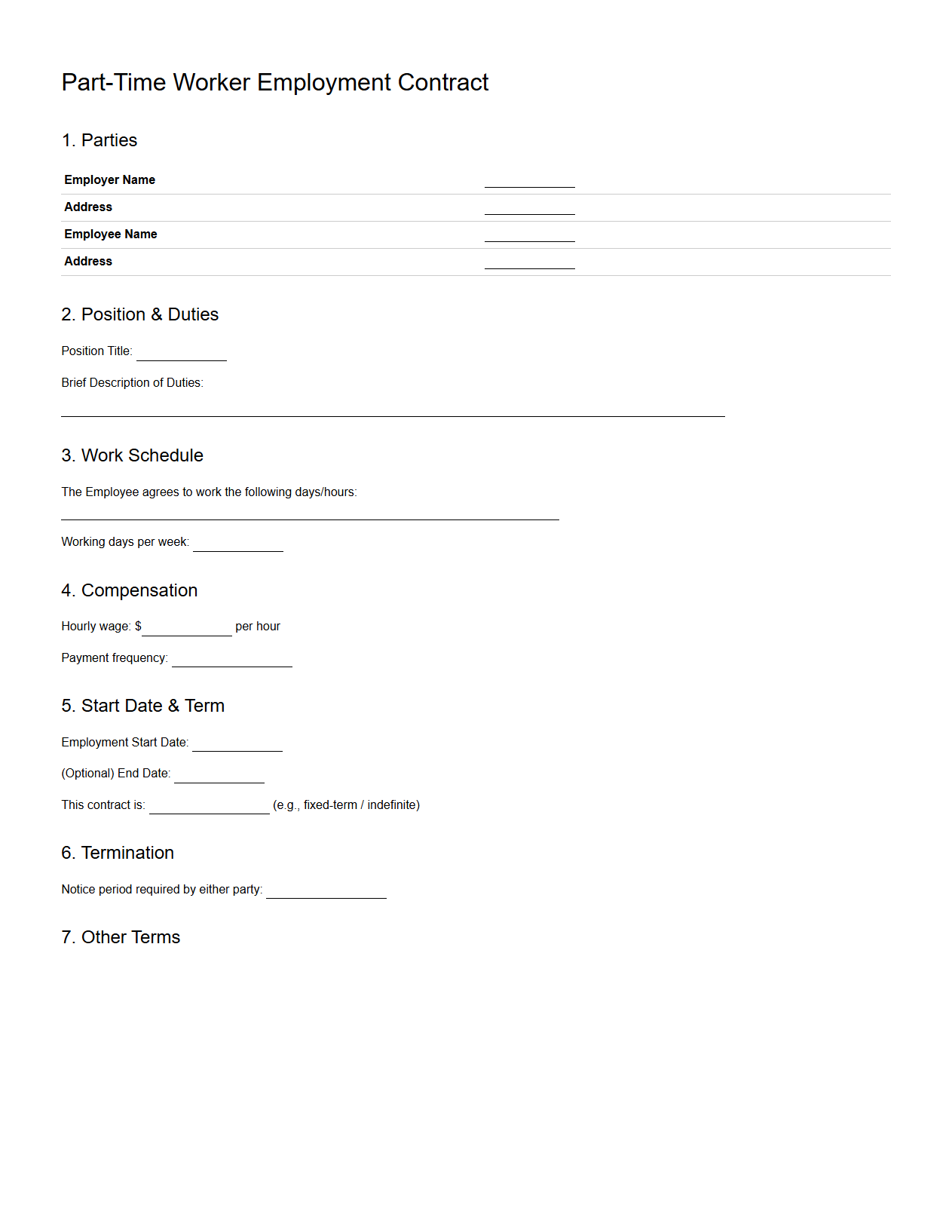 Blank Part-Time Worker Employment Contract Example