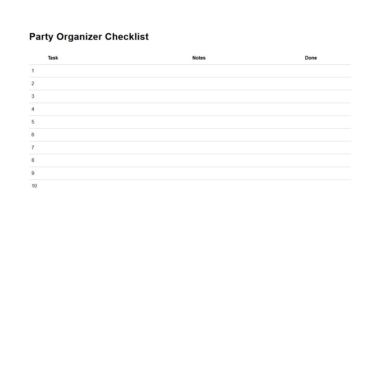 Blank Party Organizer Checklist