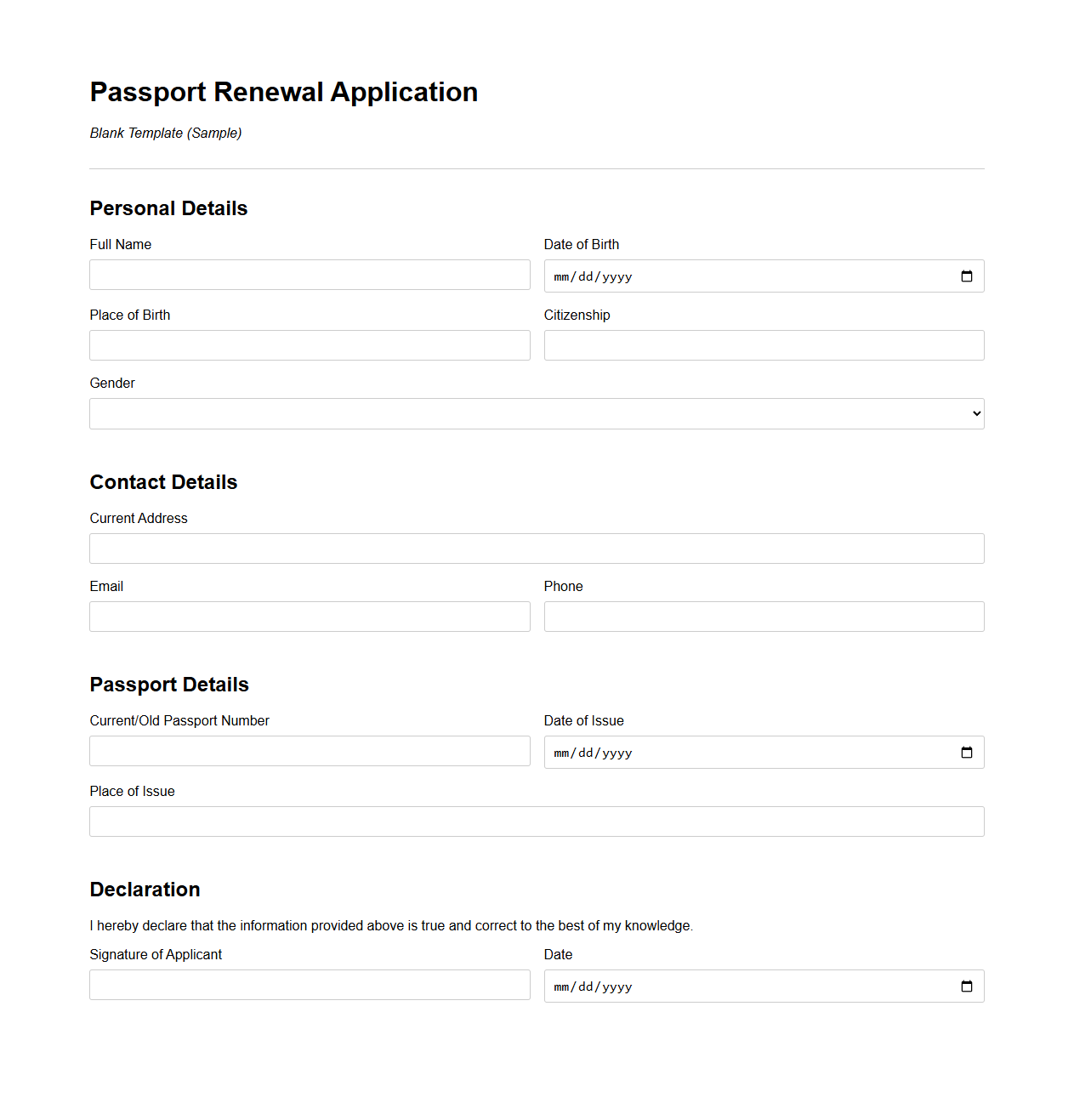 Blank Passport Renewal Application Template