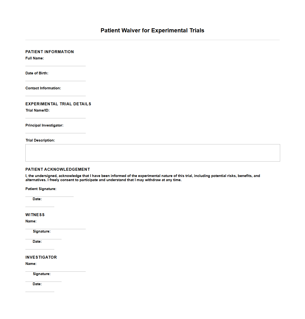 Blank Patient Waiver for Experimental Trials