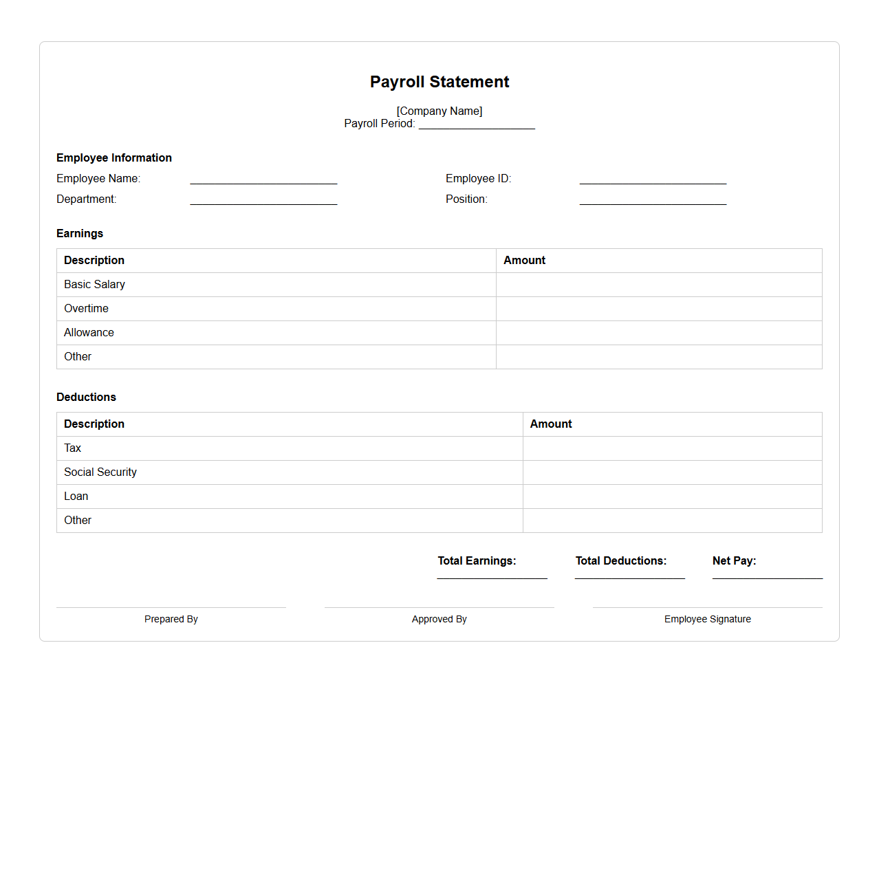 Blank Payroll Statement Template for Staff