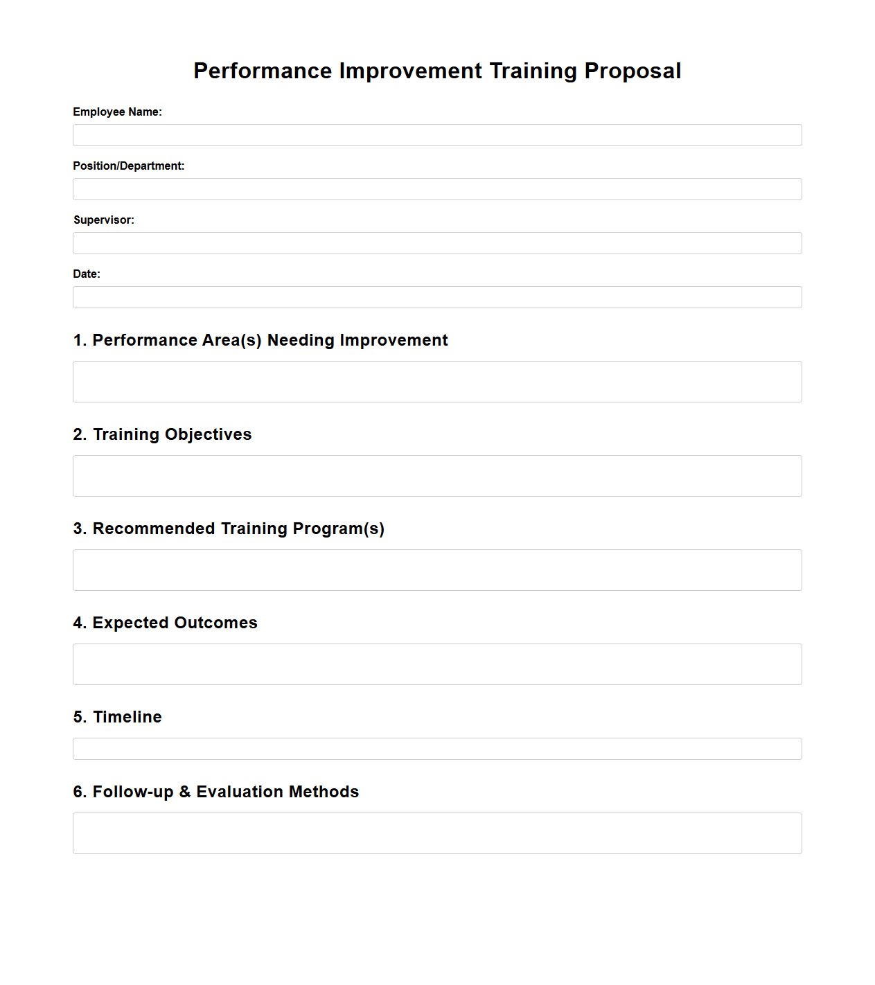 Blank Performance Improvement Training Proposal Template for Employees