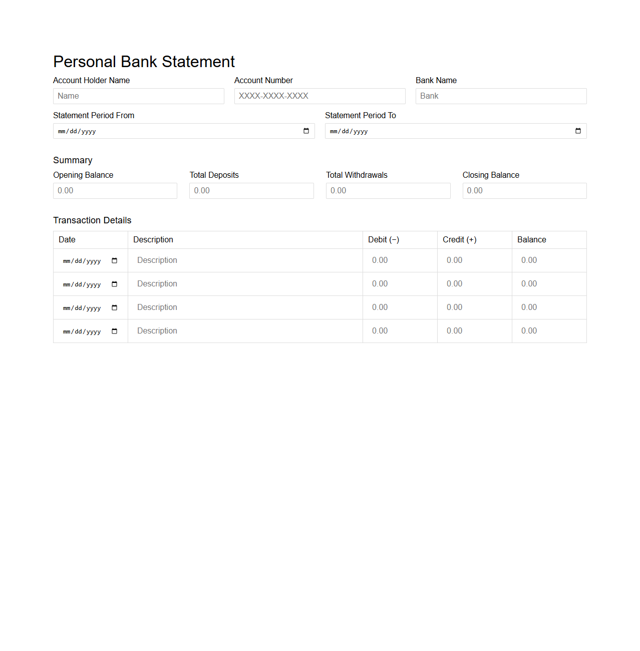 Blank Personal Bank Statement Template for Financial Tracking