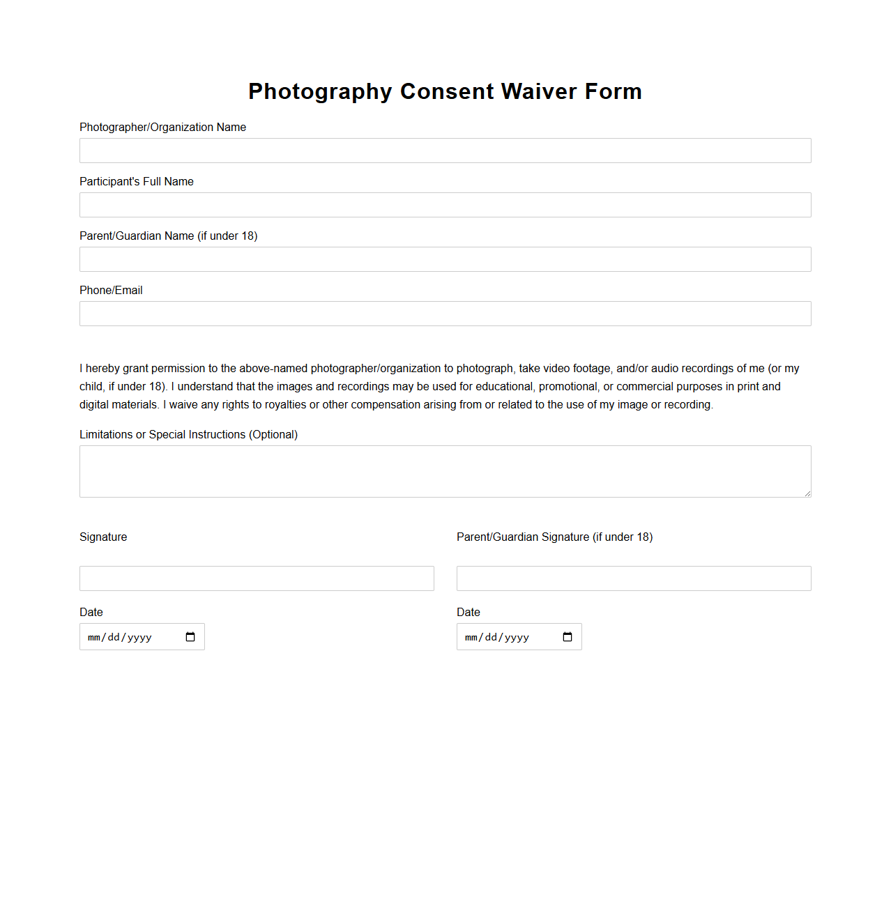 Blank Photography Consent Waiver Form