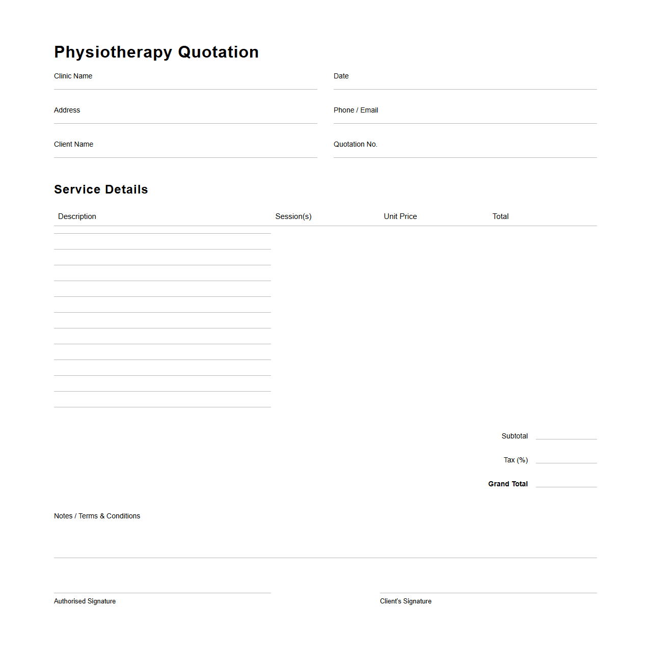 Blank Physiotherapy Quotation Template