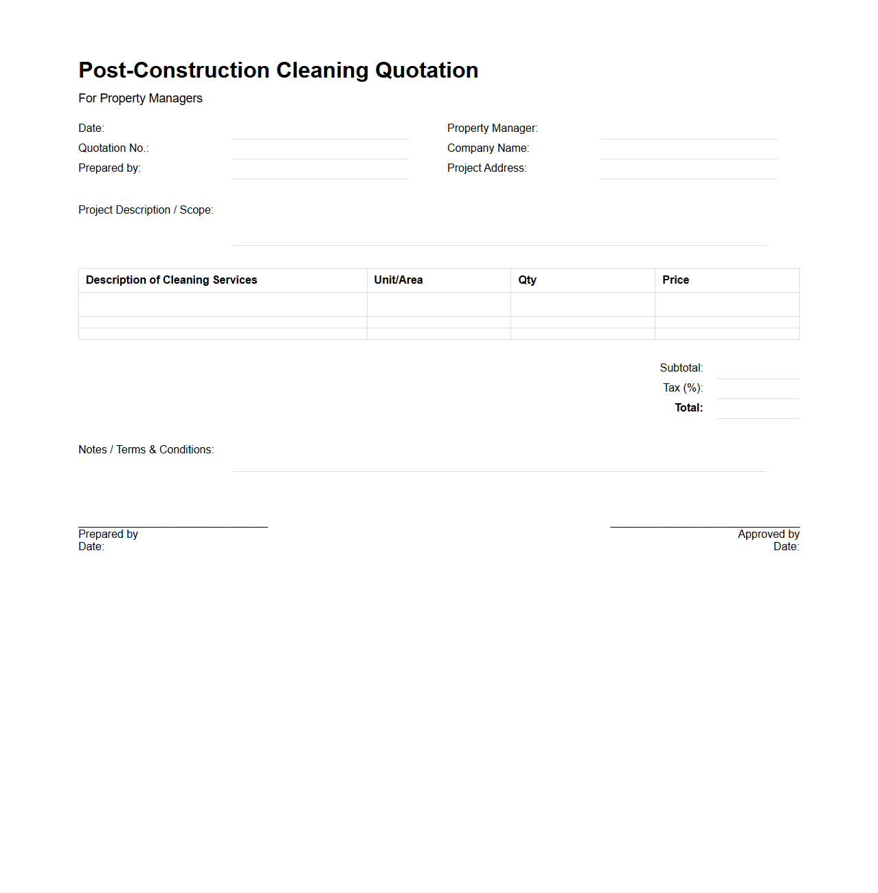 Blank Post-Construction Cleaning Quotation Template for Property Managers