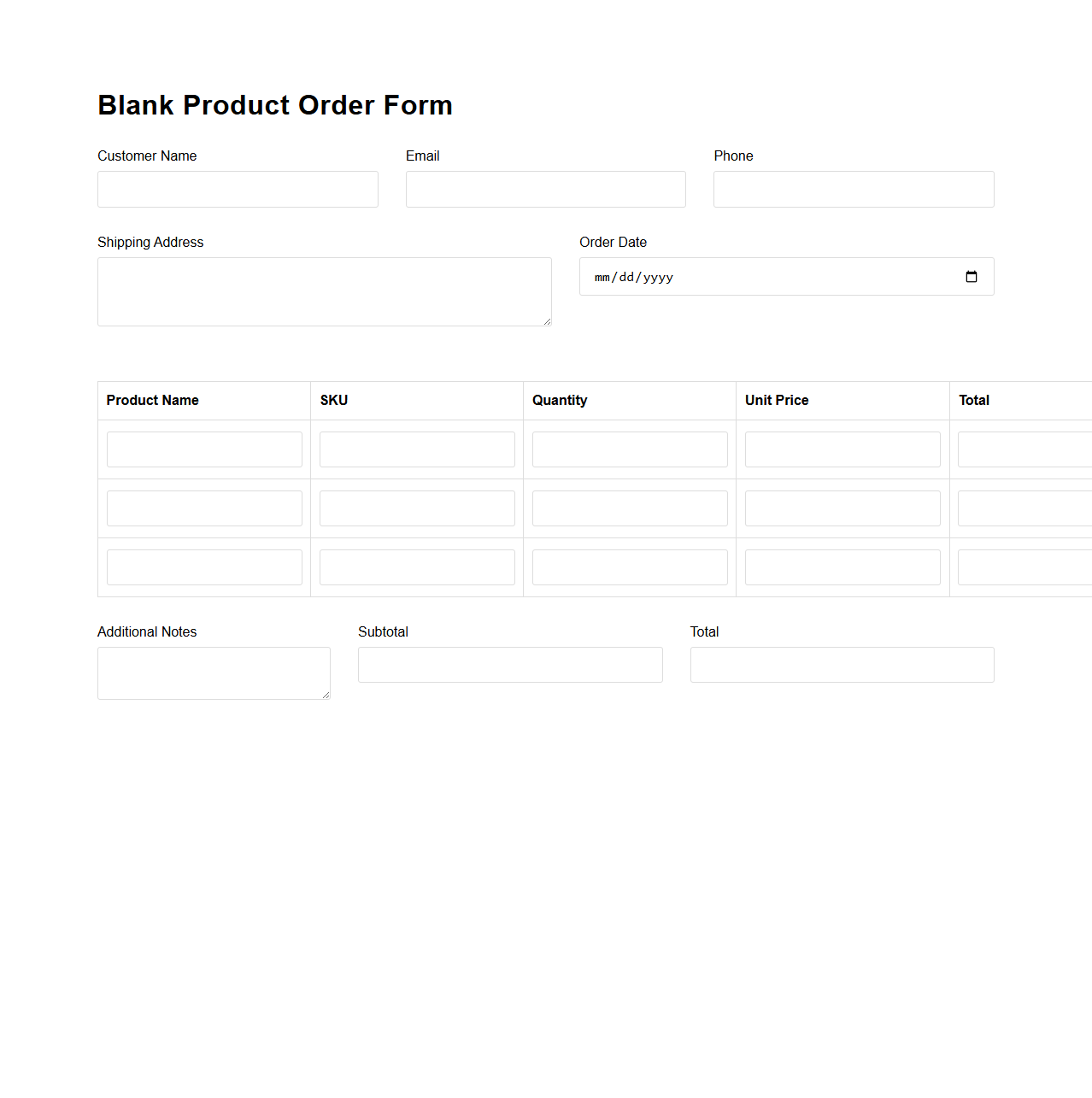 Blank Product Order Form Layout