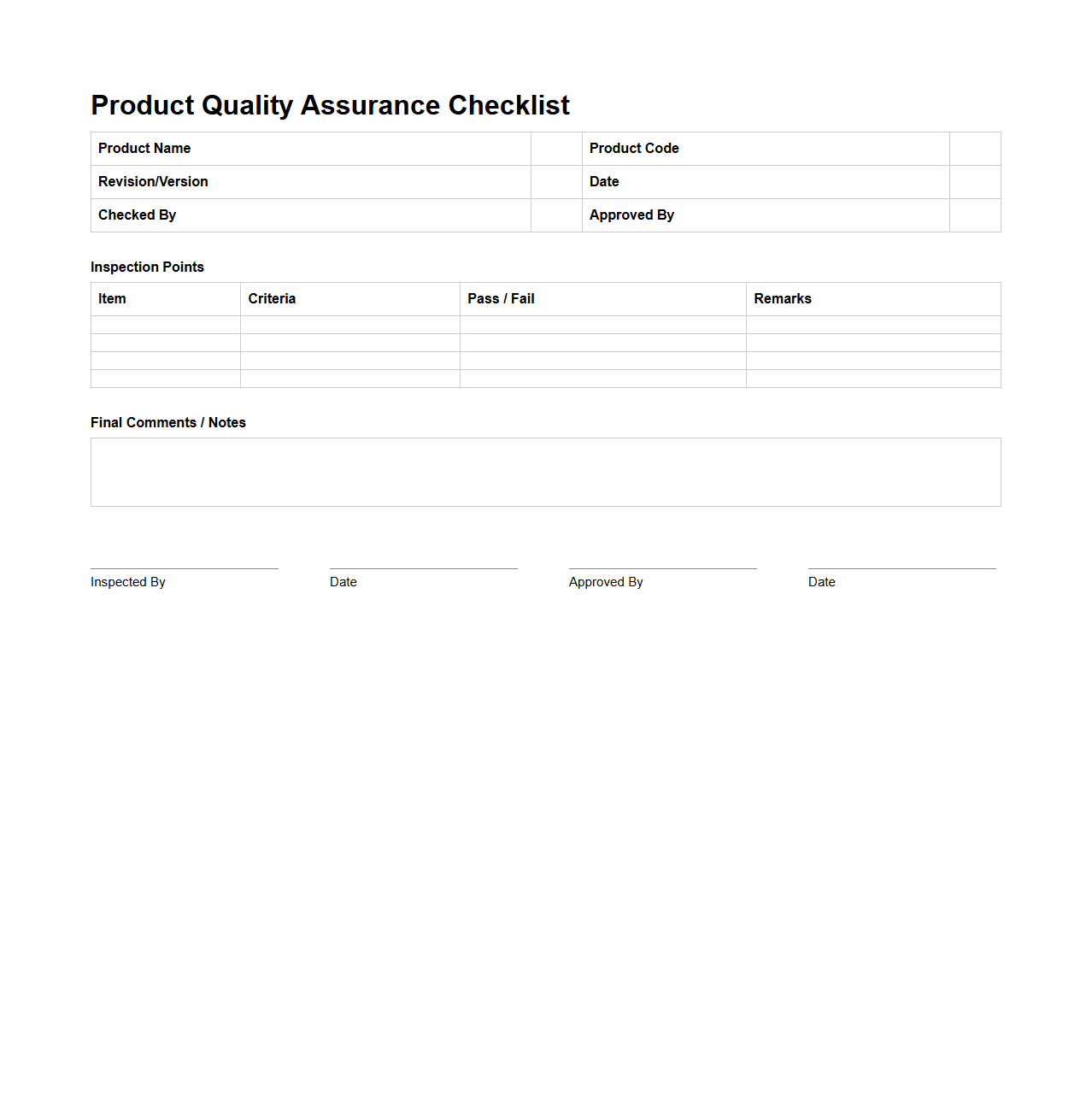 Blank Product Quality Assurance Checklist for Manufacturing