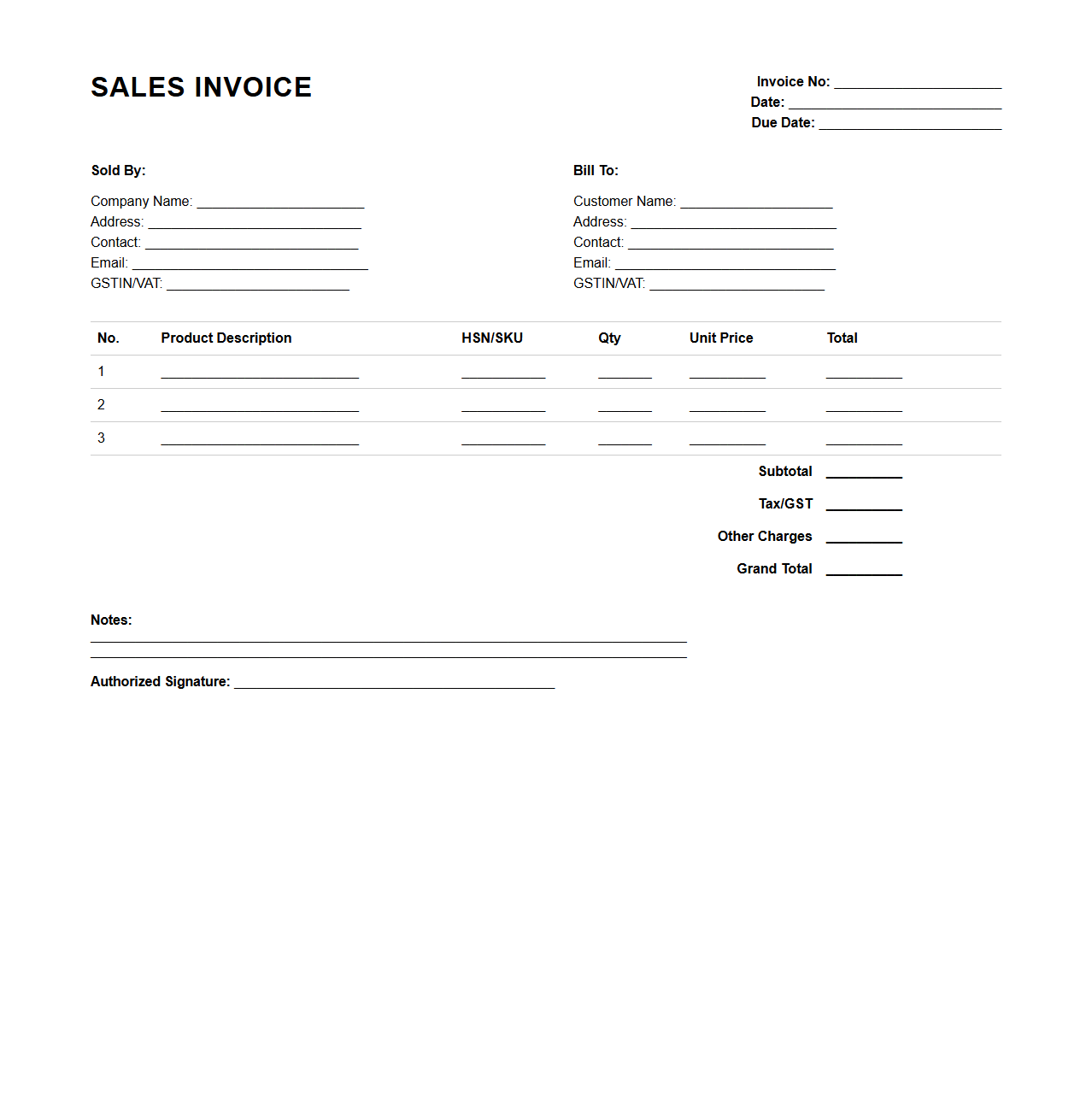 Blank Product Sales Invoice Format