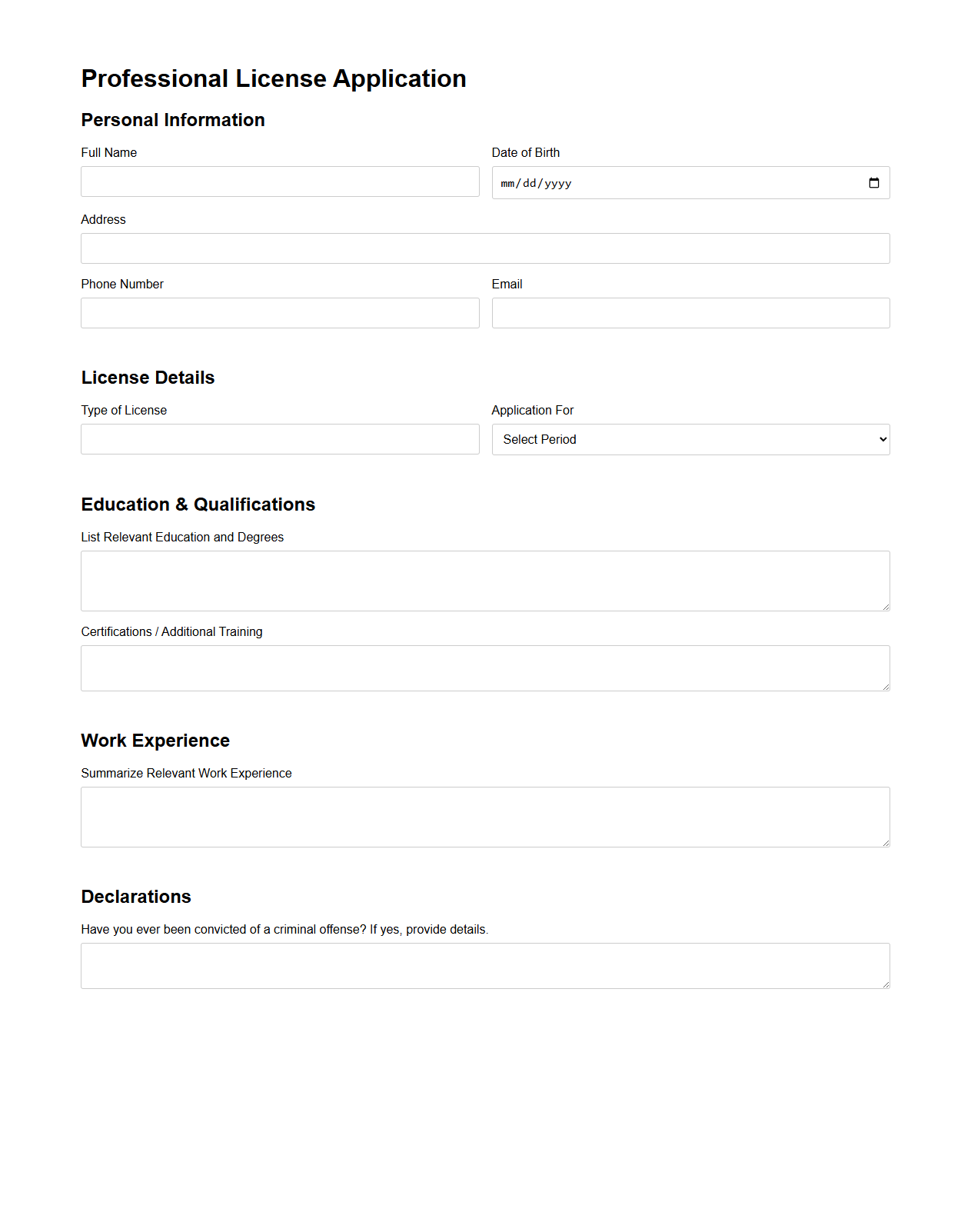 Blank Professional License Application Template