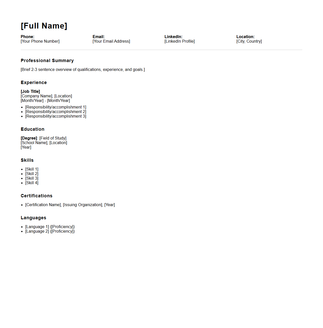 Blank Professional Resume Outline