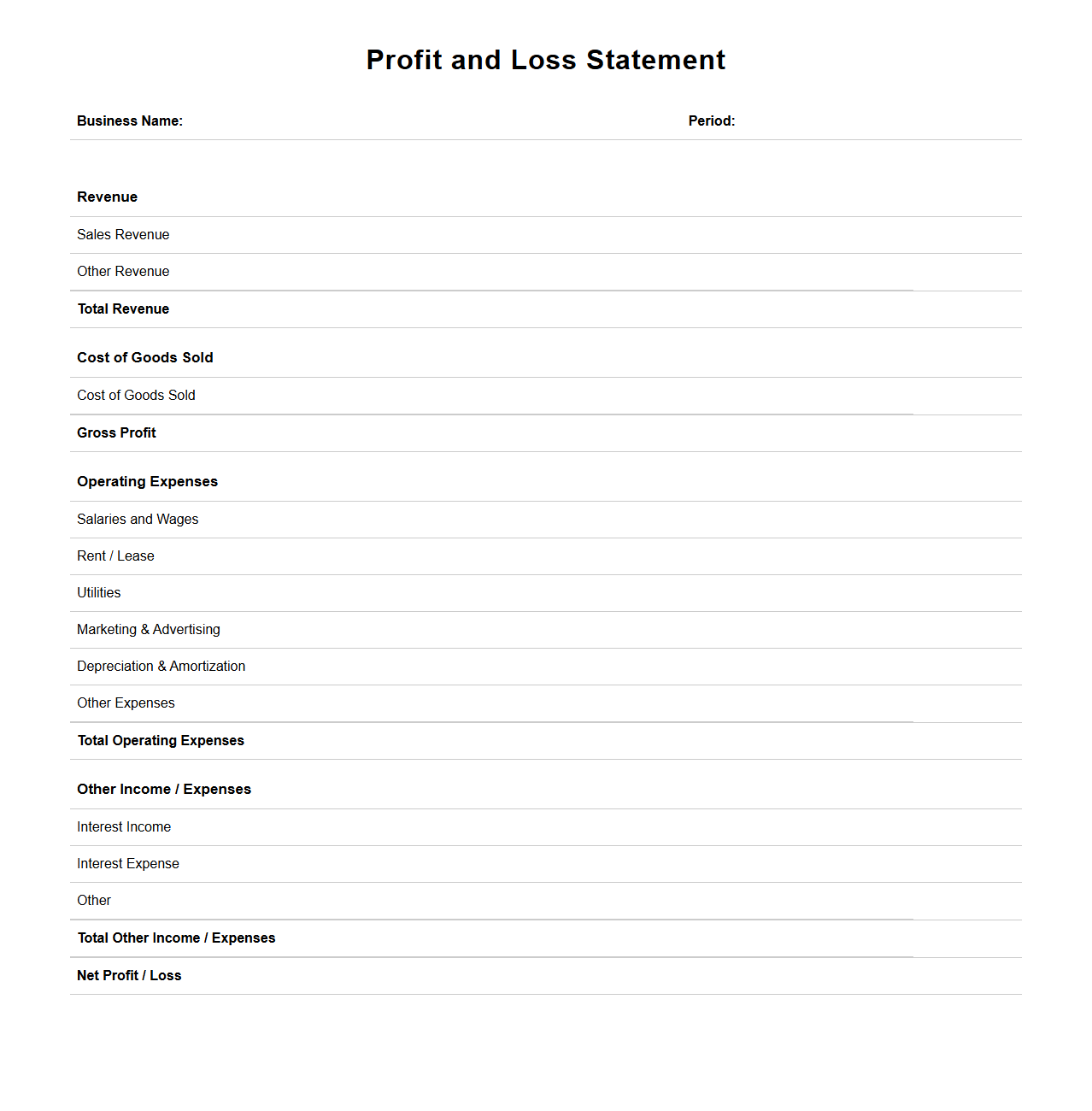 Blank Profit and Loss Statement Template for Business Analysis