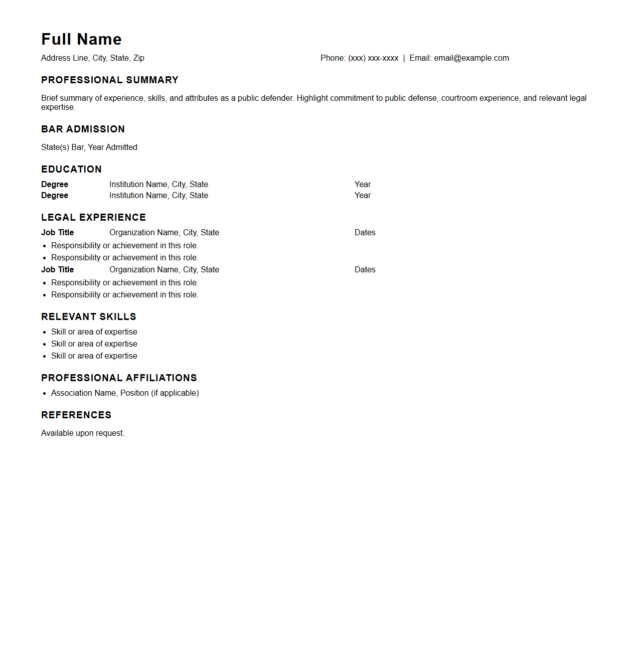 Blank Public Defender Resume Format