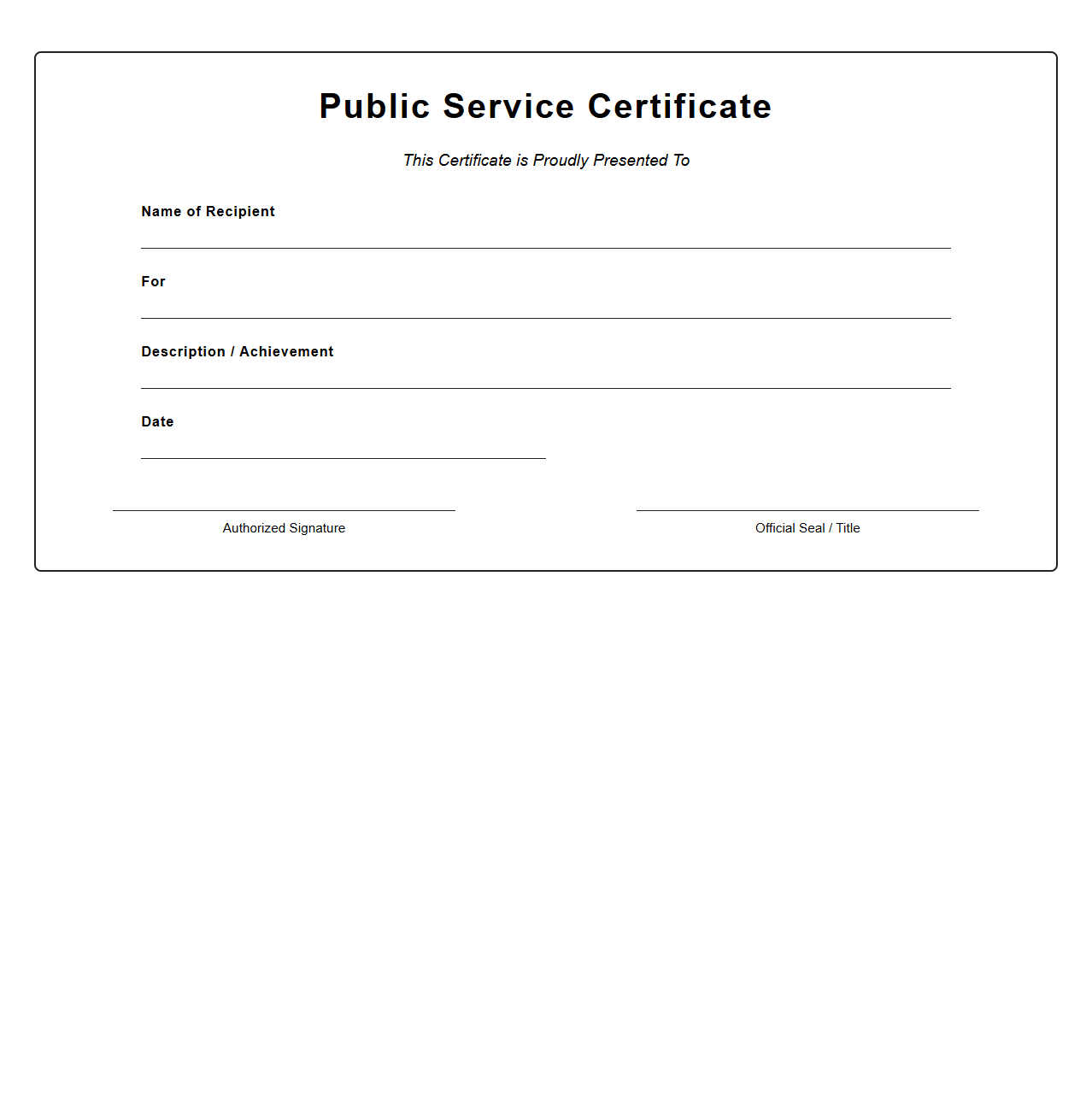 Blank Public Service Certificate Template