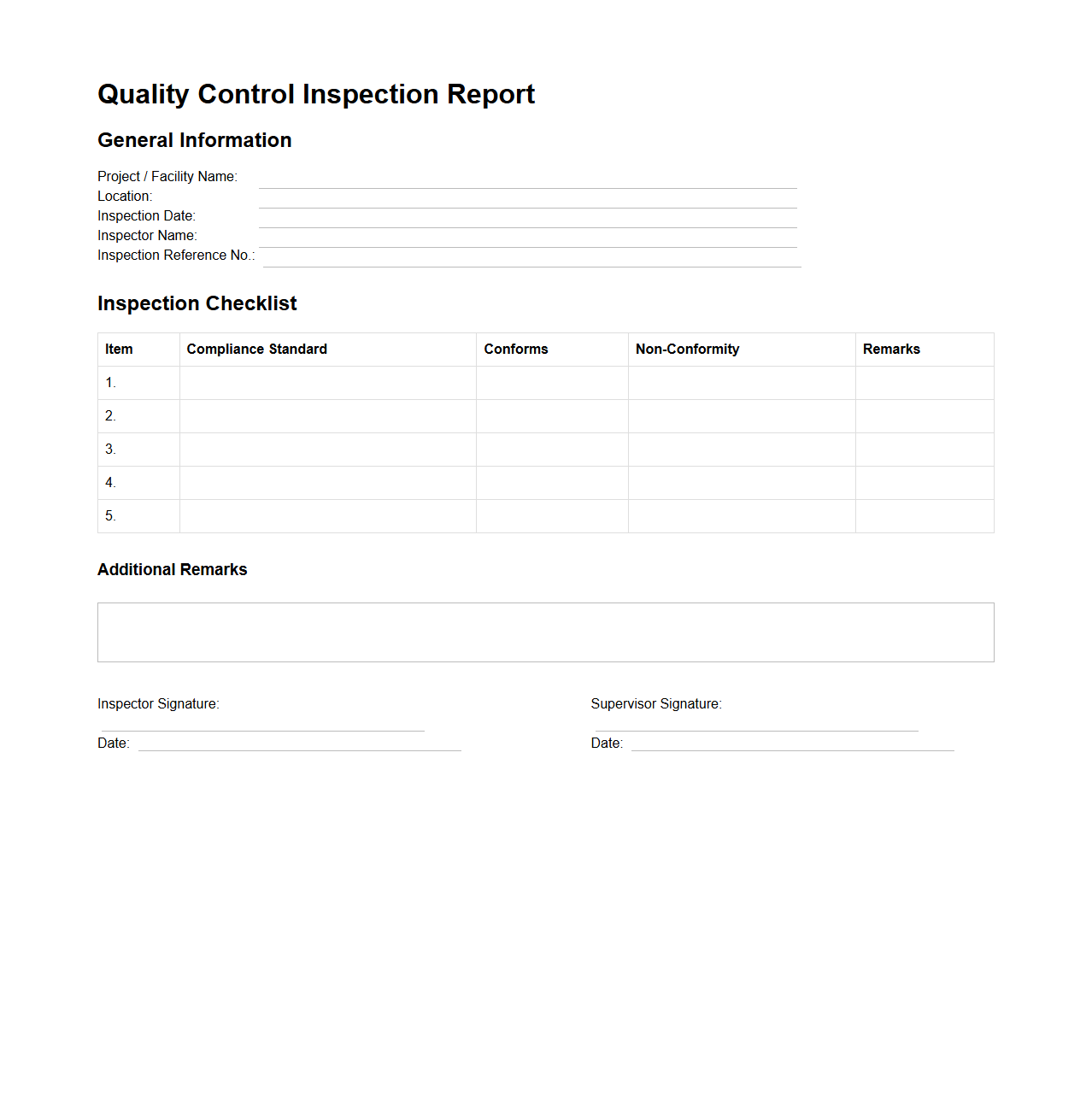 Blank Quality Control Inspection Report Template for Compliance Standards