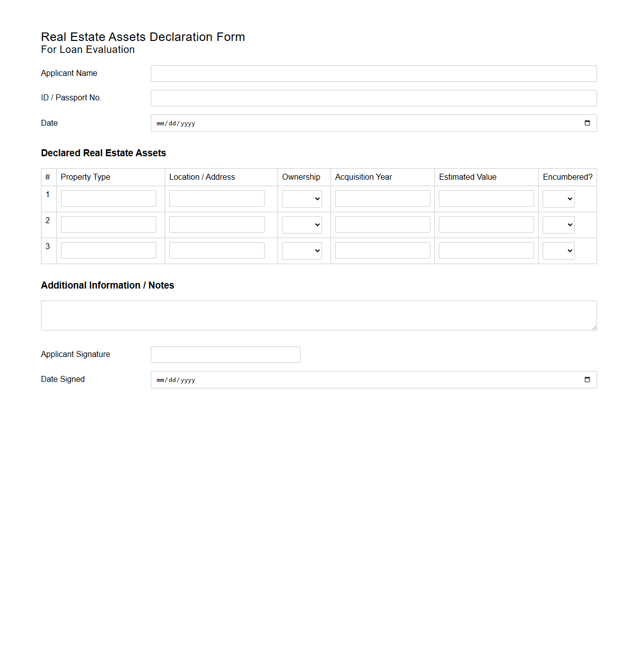 Blank Real Estate Assets Declaration Form for Loan Evaluation