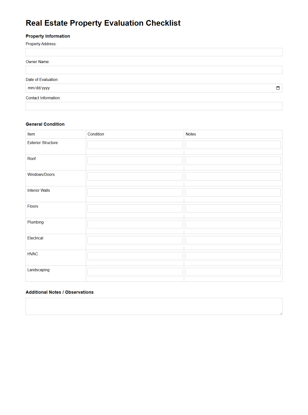 Blank Real Estate Property Evaluation Checklist Template