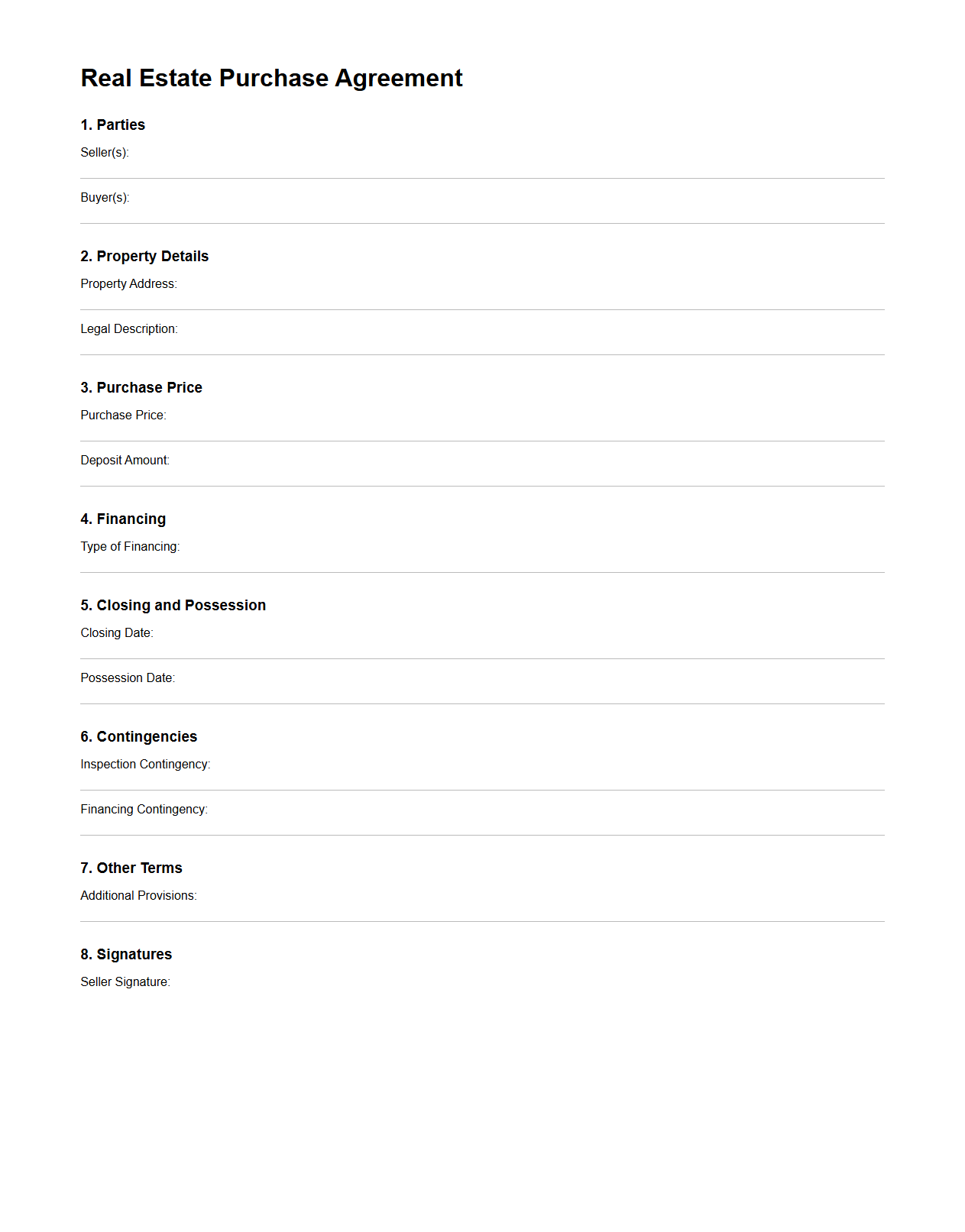 Blank Real Estate Purchase Agreement Outline