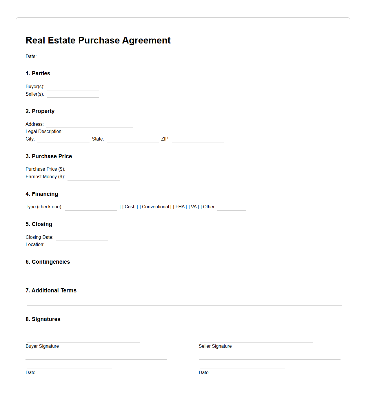 Blank Real Estate Purchase Agreement Template