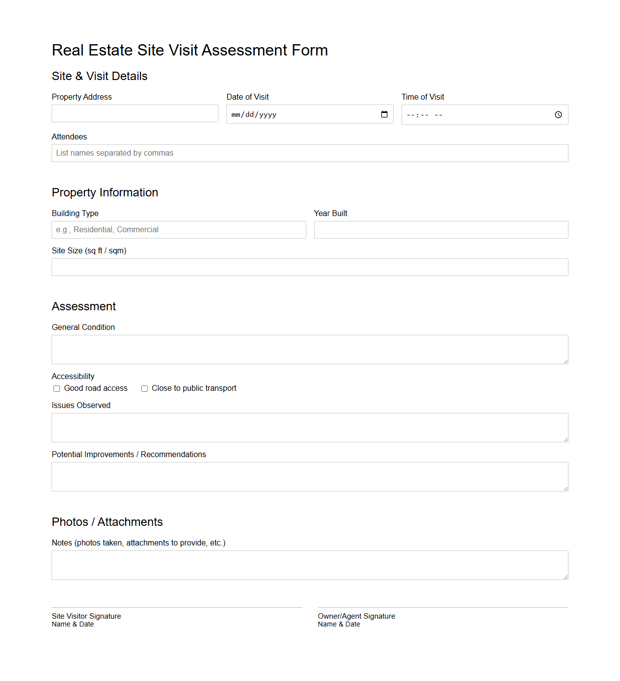 Blank Real Estate Site Visit Assessment Form